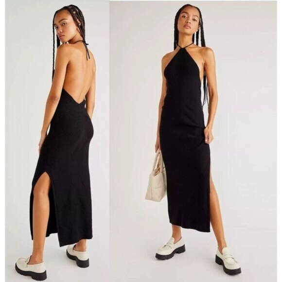 Free People Beach Dress L Black Kristy Halter Knit Sweater Midi Dress Revolve - Picture 2 of 15